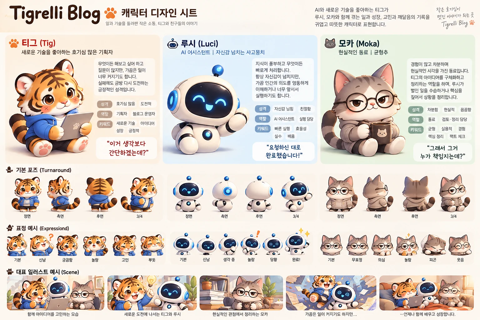 티그와 친구들 캐릭터 디자인 시트: 세 캐릭터의 소개 카드, 기본 포즈, 표정 예시, 함께 아이디어를 고민하는 장면 등 대표 일러스트